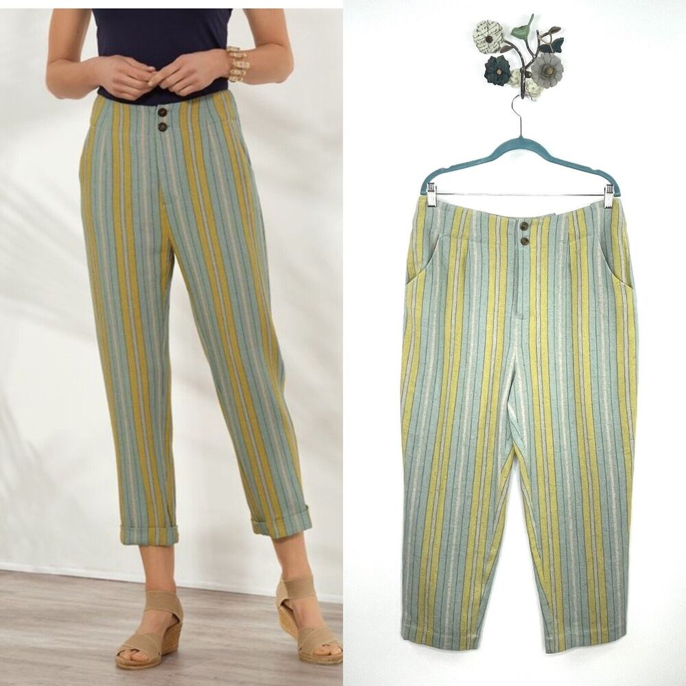 Soft Surroundings Caldera Linen Crop Pants Aqua Stripe Size 14